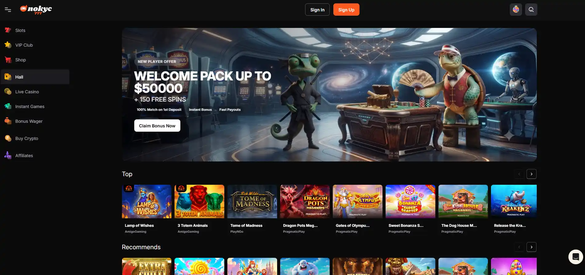 NoKyc777 casino lobby showing slots, roulette, live casino and instant games