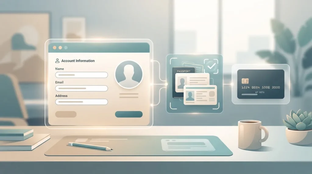 Account profile form beside identity and payment verification documents