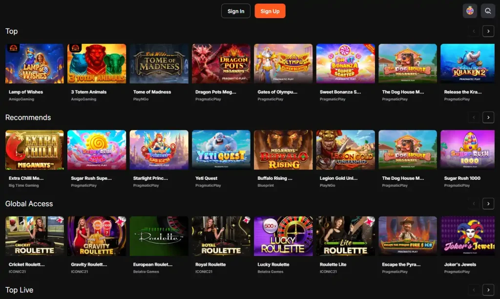 NoKyc777 game lobby showing slot, roulette, live casino and instant game categories