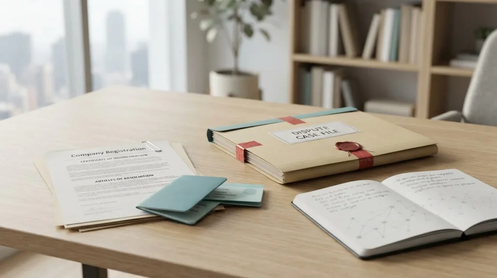 Company registration papers beside identity-check documents and a dispute case folder
