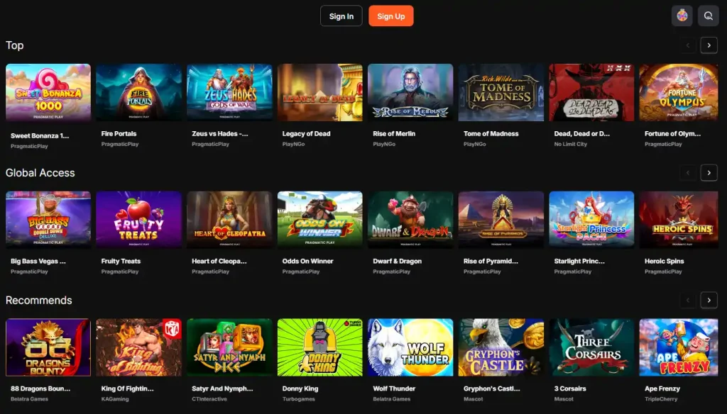 NoKyc777 slots lobby with named reel games and provider labels